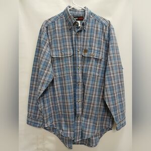 Wrangler Mens Riggs Workwear Long Sleeve Shirt XL/XG/TG Blue Brown/White Plaid